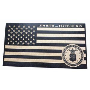 U.S. Air Force Engraved Wooden Flag Plaque With "Aim High...Fly-Fight-Win" Desig